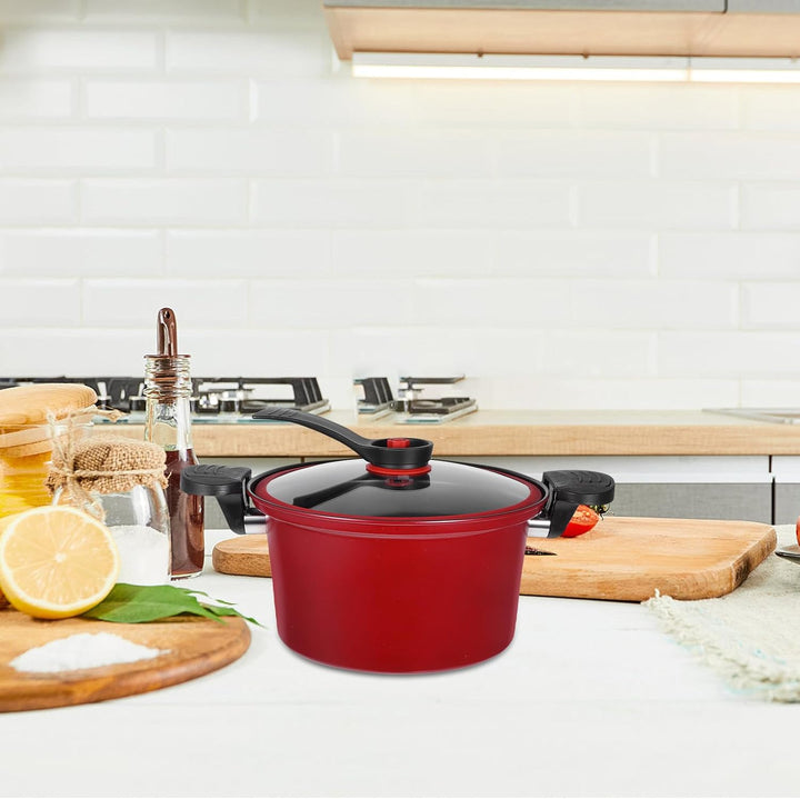 Angoily Niederdrucktopf 23cm Rot mit Glasdeckel Mikrowellen Schnellkochtopf aus Bruchfestem Material