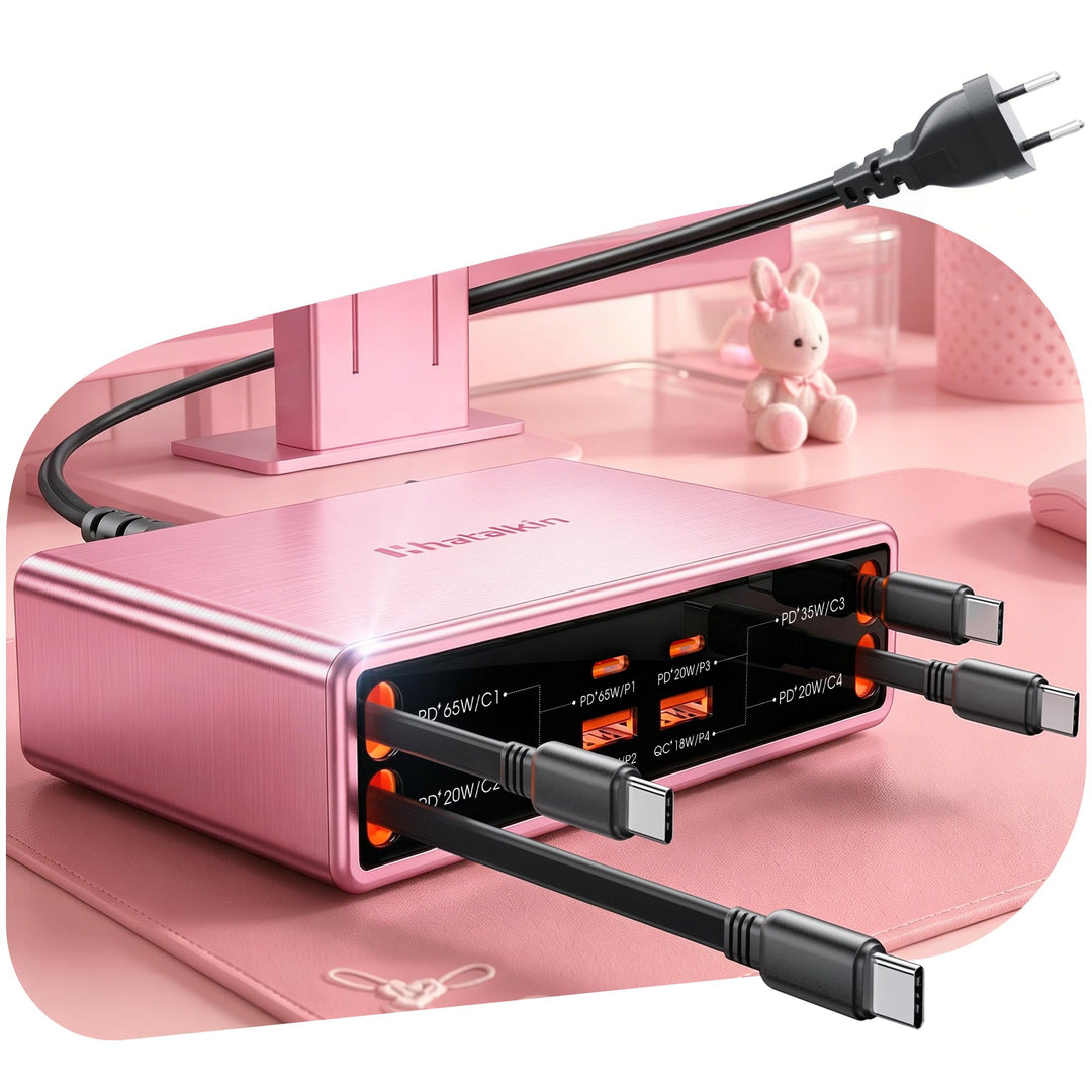 8 in 1 Retractable Charger USB C Ladegerät,105W Ladestation Mehrere Geräte Rosa 65W Kabel für 4 Typ