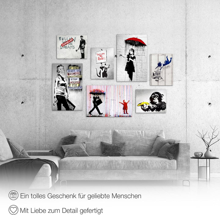 Novart Wandbilder Banksy Collage - KOMPLETT AUFHÄNGFERTIG - Street Art Wohnzimmer Büro Loft - 7 Mode