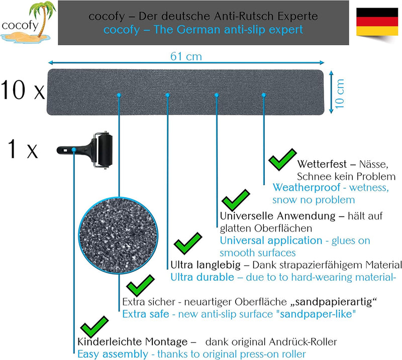 cocofy Anti Rutsch Streifen Treppen aussen und innen, 10x Streifen (61x10 cm) grau, Starker Halt Dan