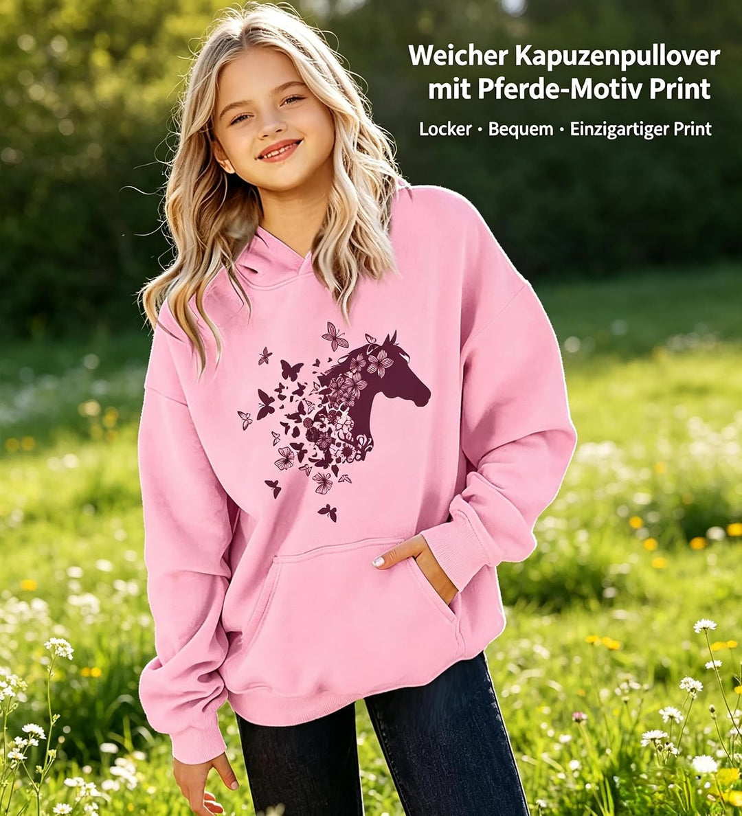 generisch Kapuzenpullover für Mädchen Langarm-Kapuzenpullover mit Pferde-Print für Kinder Rosa 10-11
