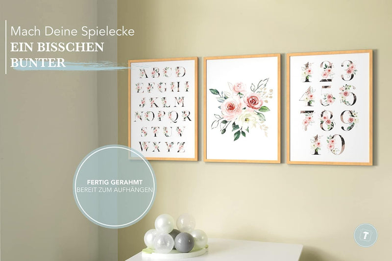 Papierschmiede® Kinderbilder 3er Set Lernposter, A3 gerahmt in Holzrahmen (Natur), Geschenk für Mädc