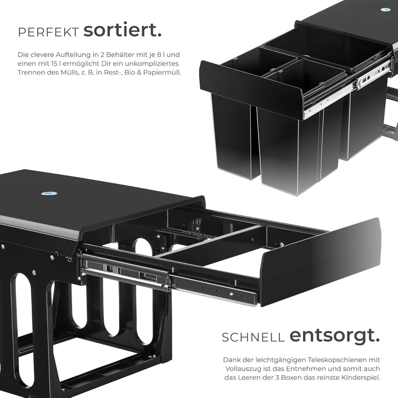 tectake® Abfallsammler, Mülleimer 3 Fächer, Mülltrennsystem Küche, für Schrank, Mülleimer Küche ausz