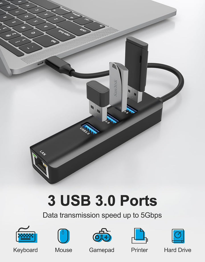 USB C zu Ethernet Adapter,ABLEWE 4-in-1 RJ45 zu USB-C/Thunderbolt 3 zu Gigabit Ethernet LAN Netzwerk