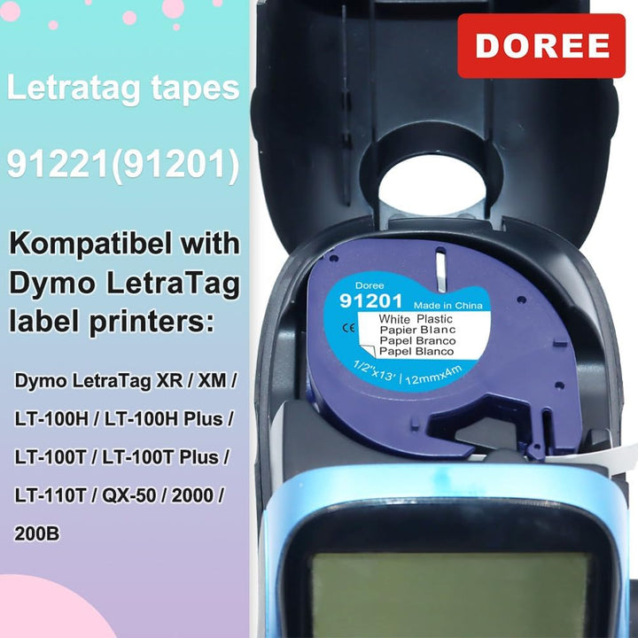 DOREE (100 Pack) 91221 91201 S0721660 Plastic White Band,12mm x 4m,Schwarz auf Weiss,kompatibel mit