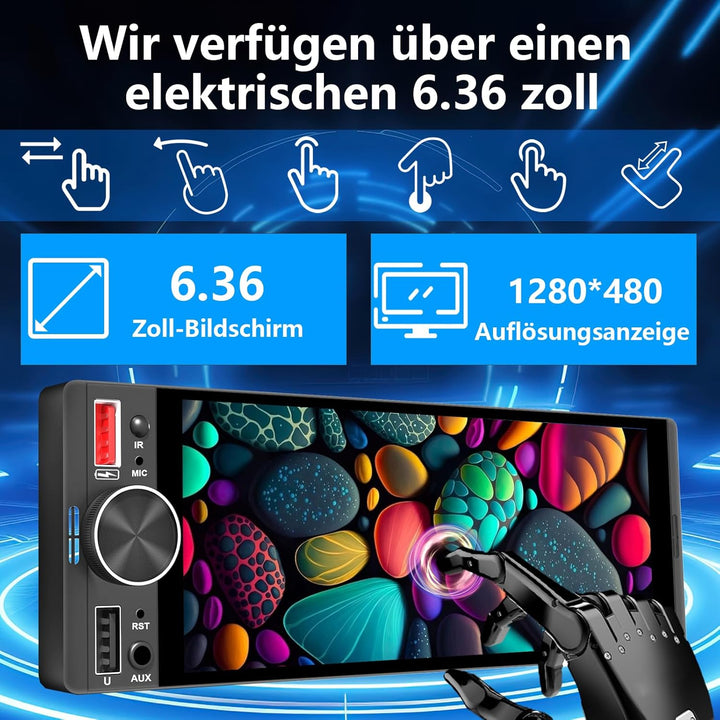 6,36 Zoll 1 Din Autoradio mit Drahtlosem CarPlay & Android Auto, Bluetooth, Full-Touch-Display FM, D