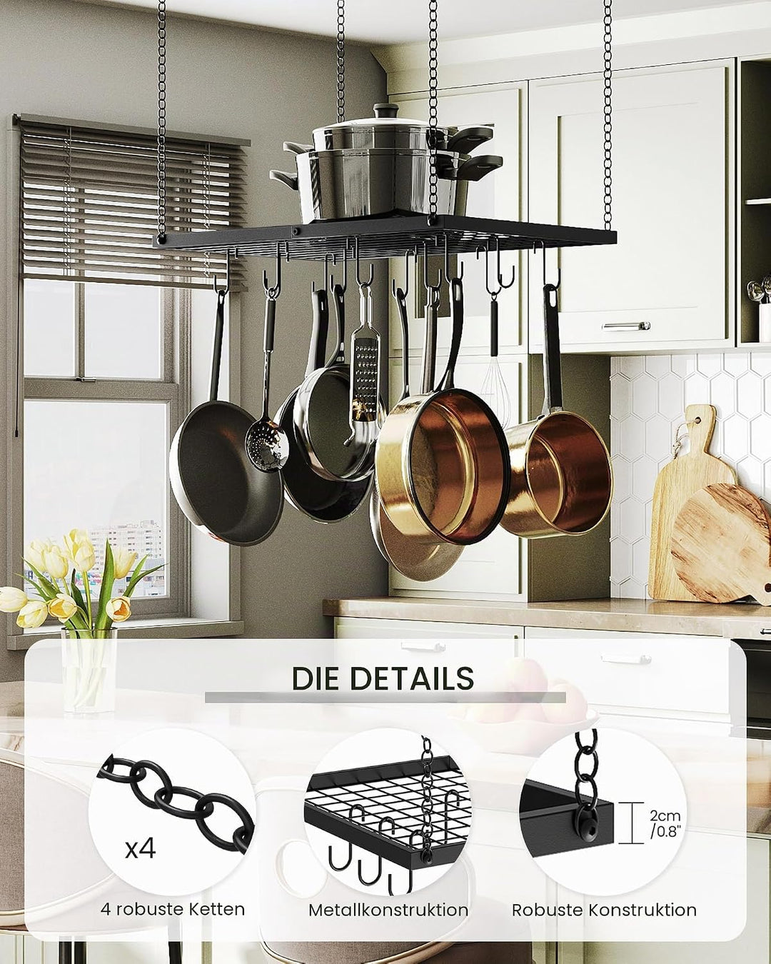 CHOEZON Küchenregal Hängend, Topfregal, Deckenregal, Metall, mit 12 Haken, für Küche, Esszimmer, Koc