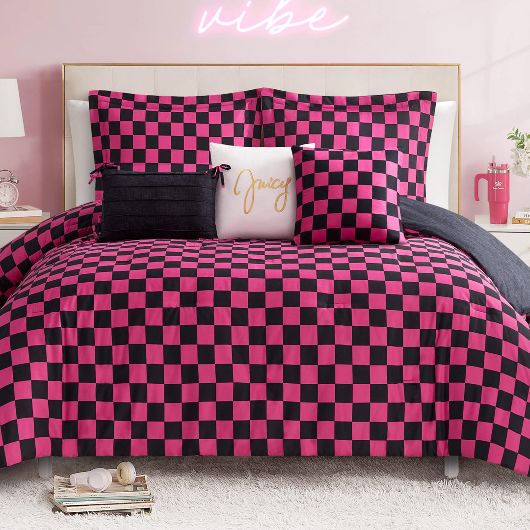 Juicy Couture-Wende-Steppdecken-Set, Schachbrettmuster, 6-teilig, Doppelbett-/Queen-Size-Bett-Set, S