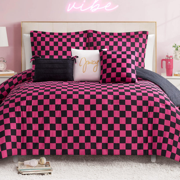 Juicy Couture-Wende-Steppdecken-Set, Schachbrettmuster, 6-teilig, Doppelbett-/Queen-Size-Bett-Set, S