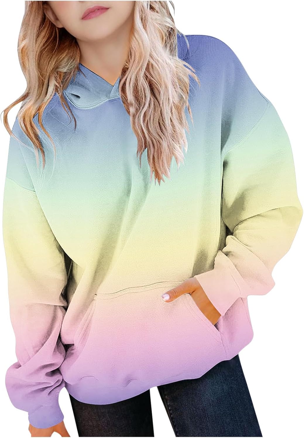 Hoodie Mädchen Oversize Kapuzenpullover Farbverlauf Mode Sweatshirt Casual Pullover mit Kapuze Tasch