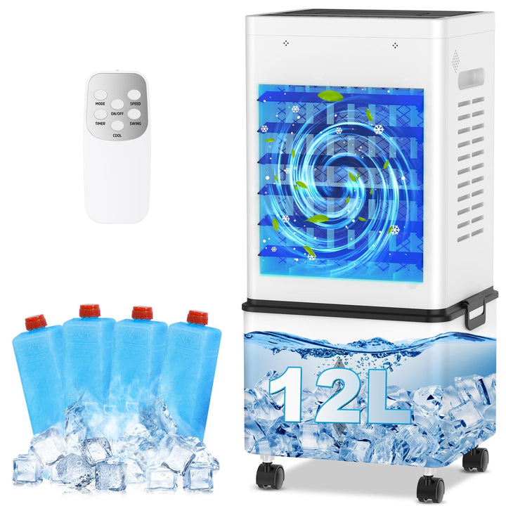 Mobile Klimaanlage, 12L Verdunstungsluftkühler mit Fernbedienung, 6 Geschwindigkeitsstufen & 2 Betri