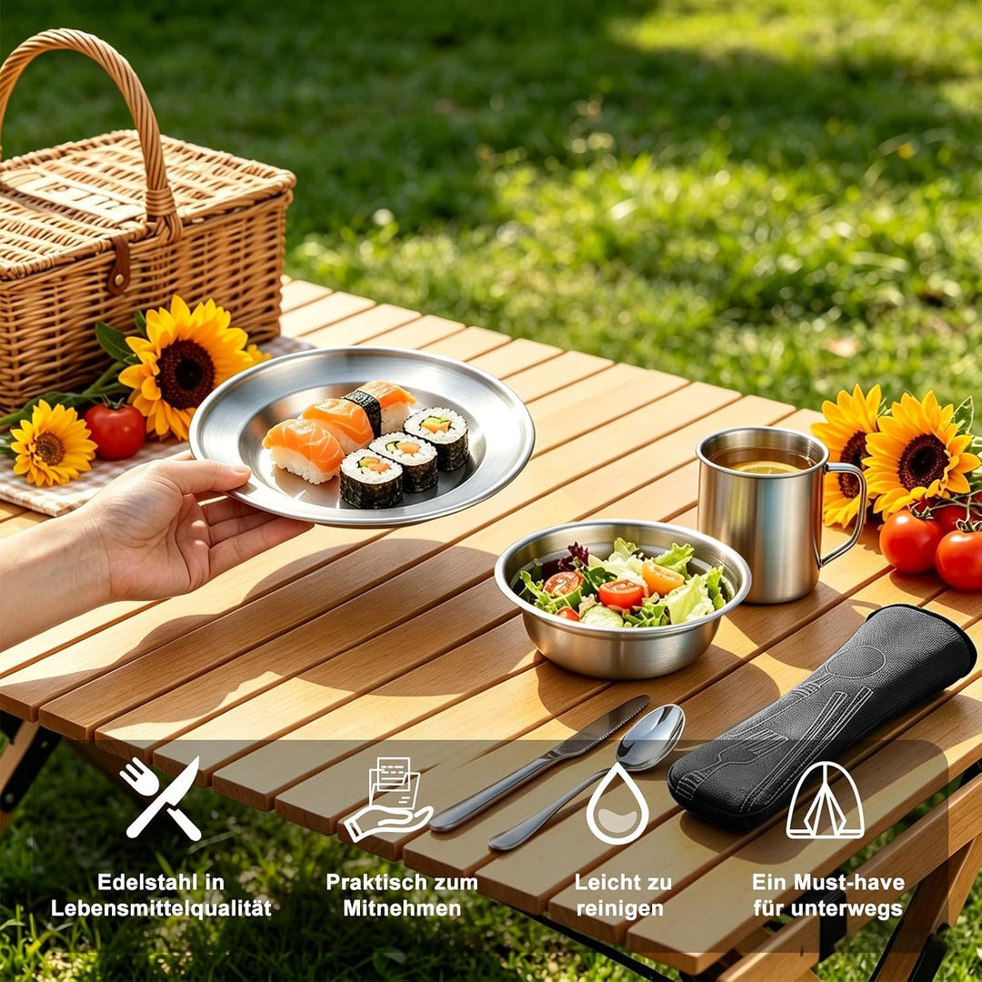 Campingbesteck Set 1 Person, Camping Geschirr Set Edelstahl mit Schalen Teller Tassen Gabeln Löffel
