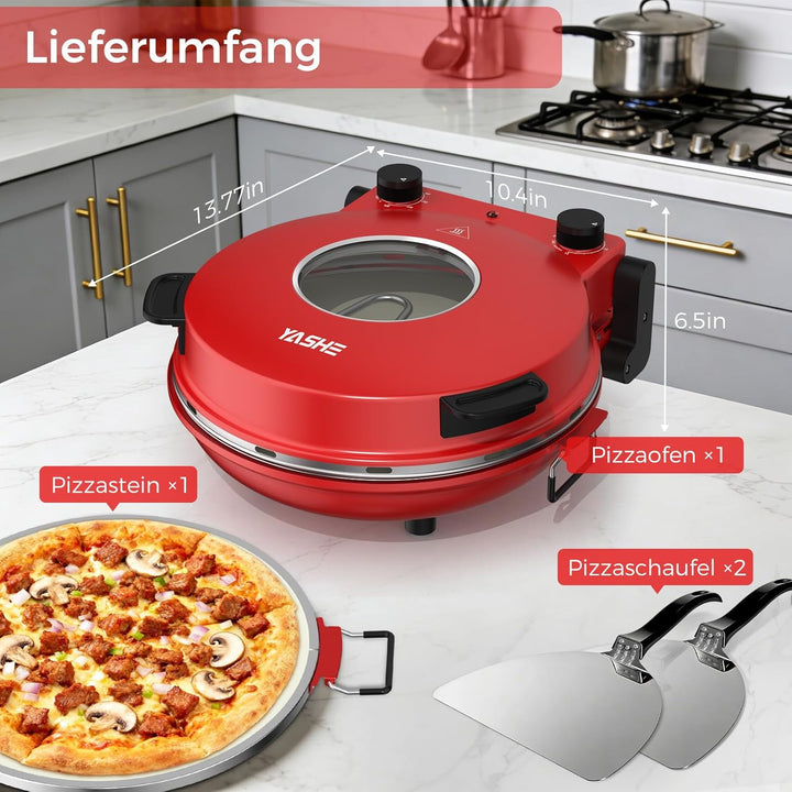 YASHE Elektrischer Pizzaofen für die Arbeitsplatte mit Pizzastein, Einstellbare Temperatur & Timer,