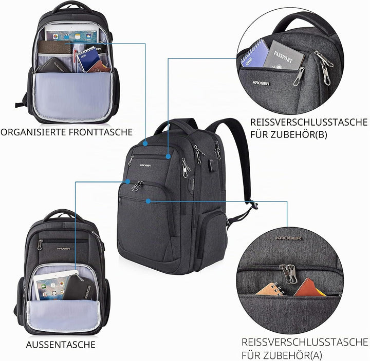 KROSER Laptop Rucksack 17,3'' Business Rucksack Schulrucksack Grosser Wasserdicht Taschen Reise Back