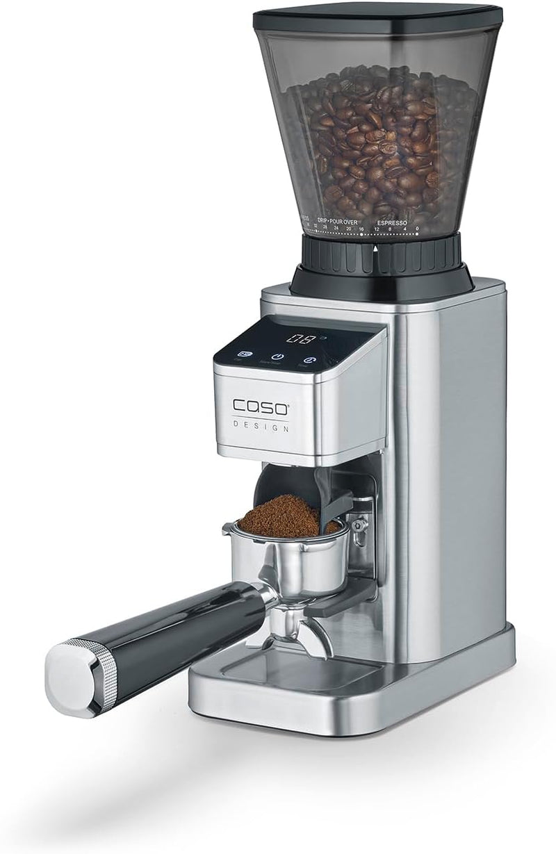 CASO BaristaChef Inox - elektrische Kaffeemühle, langlebiges Edelstahl-Kegelmahlwerk, mit Siebträger
