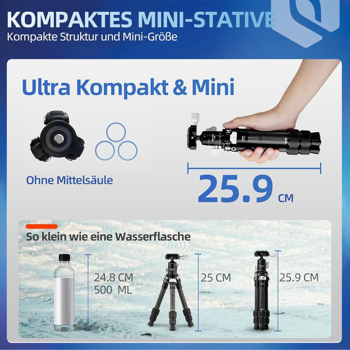 Fotopro Mini Reisestativ, leichtes kompaktes Kohlefaser-Stativ mit 360° Kugelkopf QR-Platte für DSLR