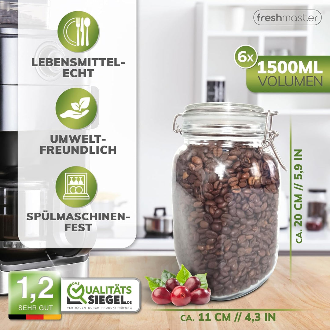 freshmaster Einmachgläser mit Deckel - Set aus bruchsicherem Glas mit Spezialdichtung und Edelstahl
