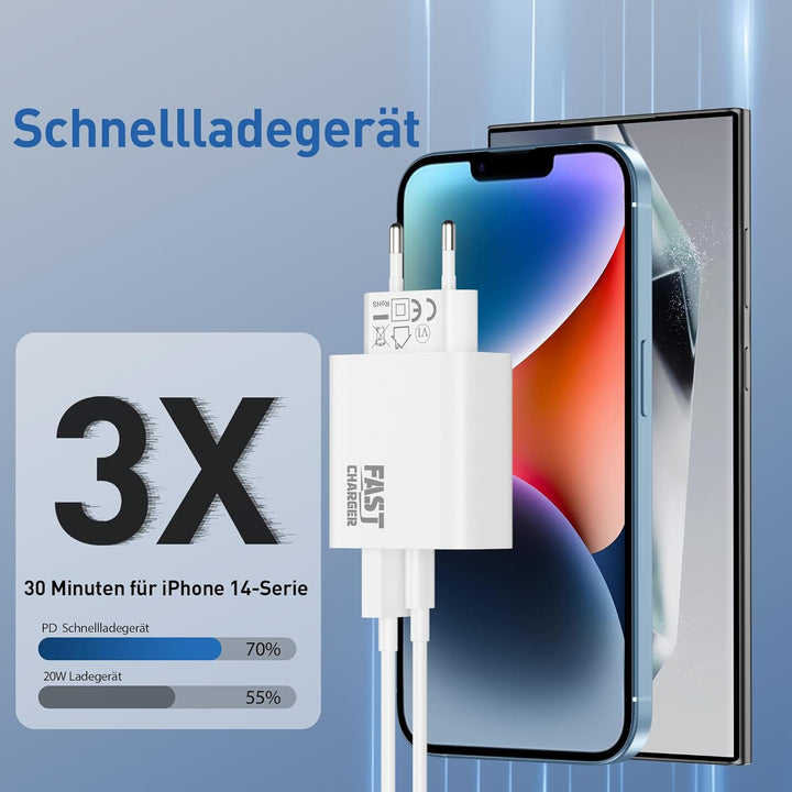 30W 2-Port Schnellladegerät Ladekabel für iPhone 14 13 12 11 Pro Max Plus Mini, iPhone XS XR X SE 8