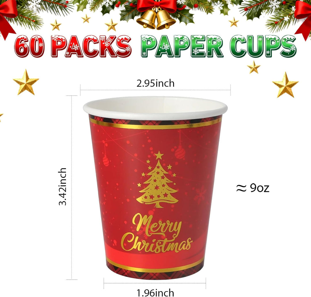 60 Stück Pappbecher WeihnachtsRot 9oz Party Tischdeko mit Weihnachtsbaum und Merry Christmas Muster,
