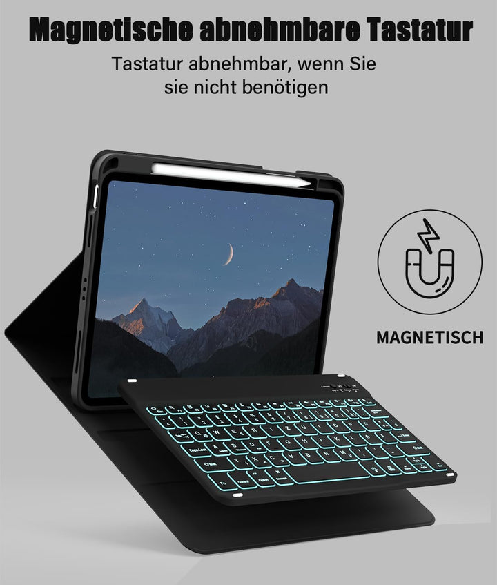 Hülle mit Tastatur für iPad A16 11/10 Generation (2025/2022,Schwarz | 7-Farben Beleuchtung Magnetisc