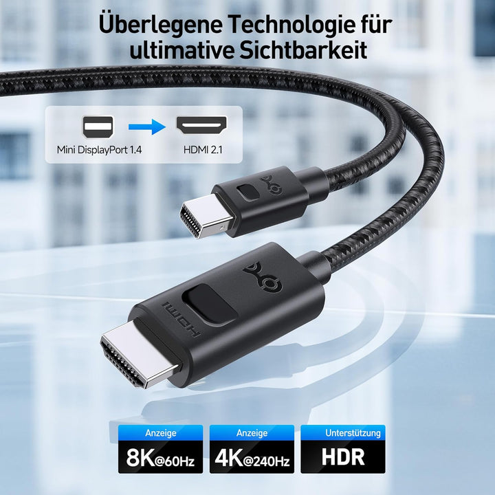 Cable Matters Mini Displayport kabel 1.4 auf HDMI mit 4K@120Hz oder 8K@60Hz, Mini DisplayPort HDMI 8