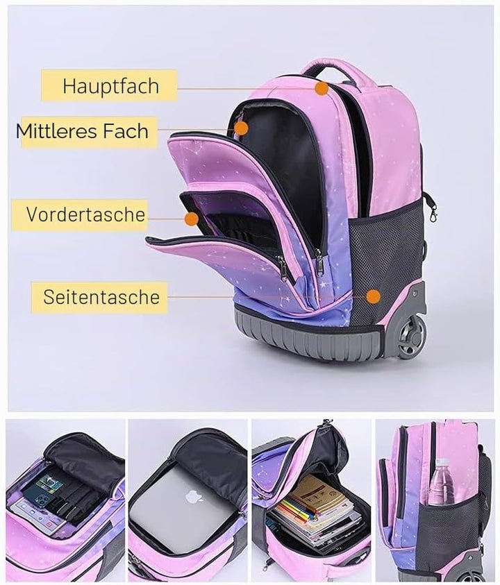 CONPHERON Trolley Rucksack mit Rollen Rolling Schultasche für Mädchen Jungen Schüler Kindergepäck Re