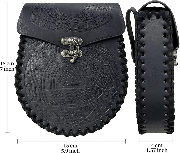 COSFAN Nordische geprägte Gürteltasche, mittelalterliche Kunstledertasche, Schwarze Wikinger-Renaiss