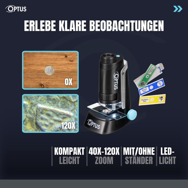 Optus Taschenmikroskop mit LED Beleuchtung, 40x-120x Vergrösserung, Standfuss & Objektklemmen - Komp