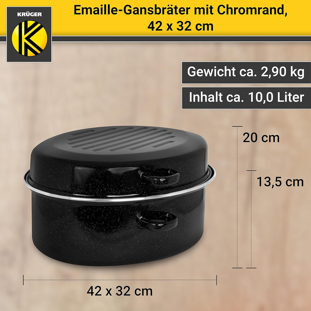 Krüger Emaille-Gansbräter mit Tropfdeckel - hochwertiger Bräter - für alle Herdarten geeignet - herv