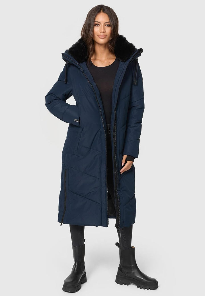 MARIKOO Damen Wintermantel warmer Steppmantel lang mit Kapuze und abnehmbarem Kunstfellkragen Nadare
