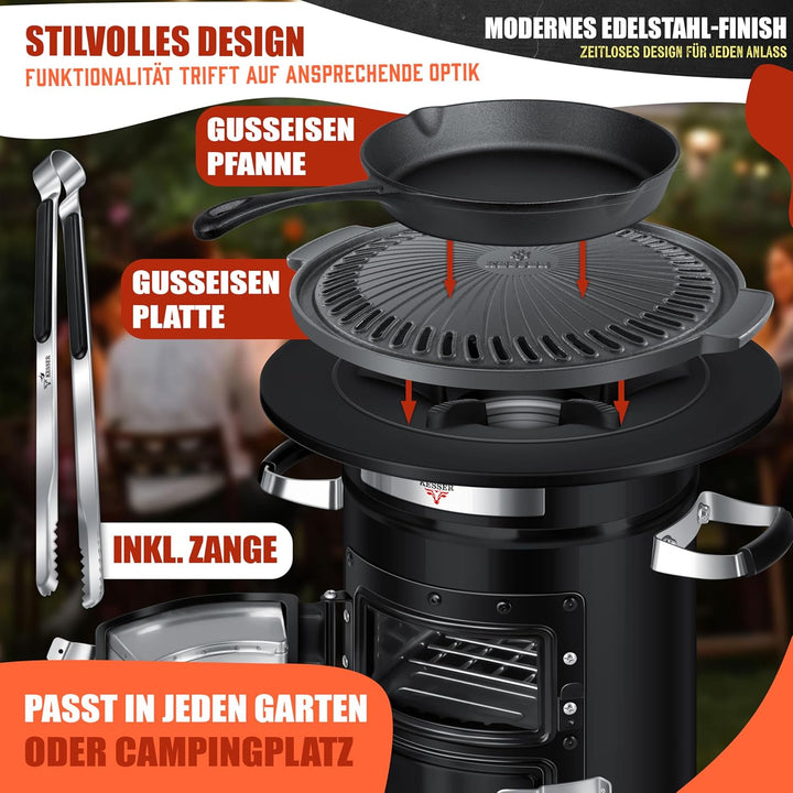 KESSER® Raketenofen inkl. Grillpfanne aus Gusseisen, Grillplatte, Grillzange & Tragetasche | Dutch O