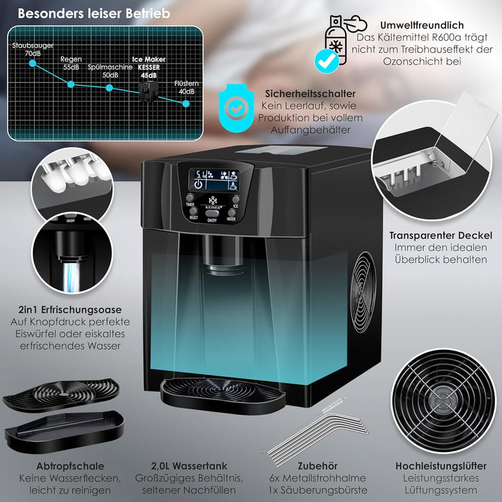 KESSER® Eiswürfelbereiter | Eiswürfelmaschine Edelstahl | 100W Ice Maker | 12 kg 24 h | 2 Würfelgrös
