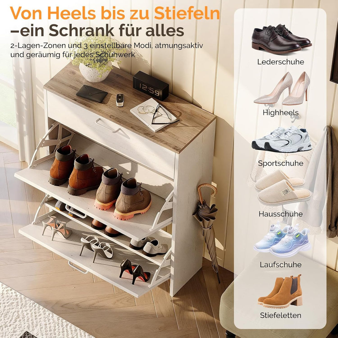 Bonnlo Schuhschrank mit 2 Klappen und 1 Schublade, Schuhregal Schmal, Schuhaufbewahrung, Schuhkipper