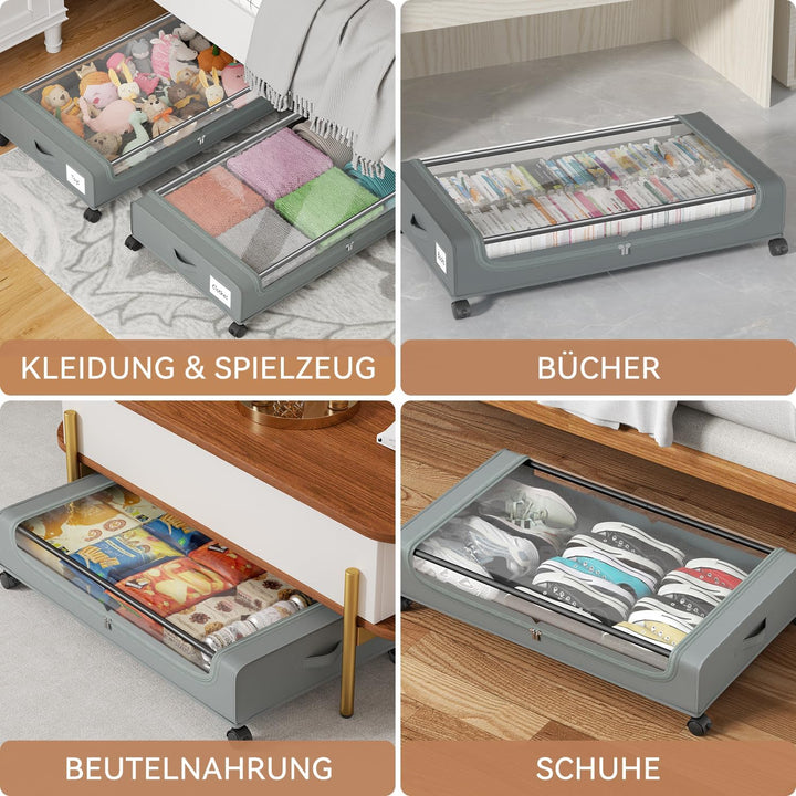 PHINOX Unterbett-Aufbewahrungsbox mit Rollen,2 Stück (74x42x16cm) - Graue Aufbewahrungsbox mit Klars