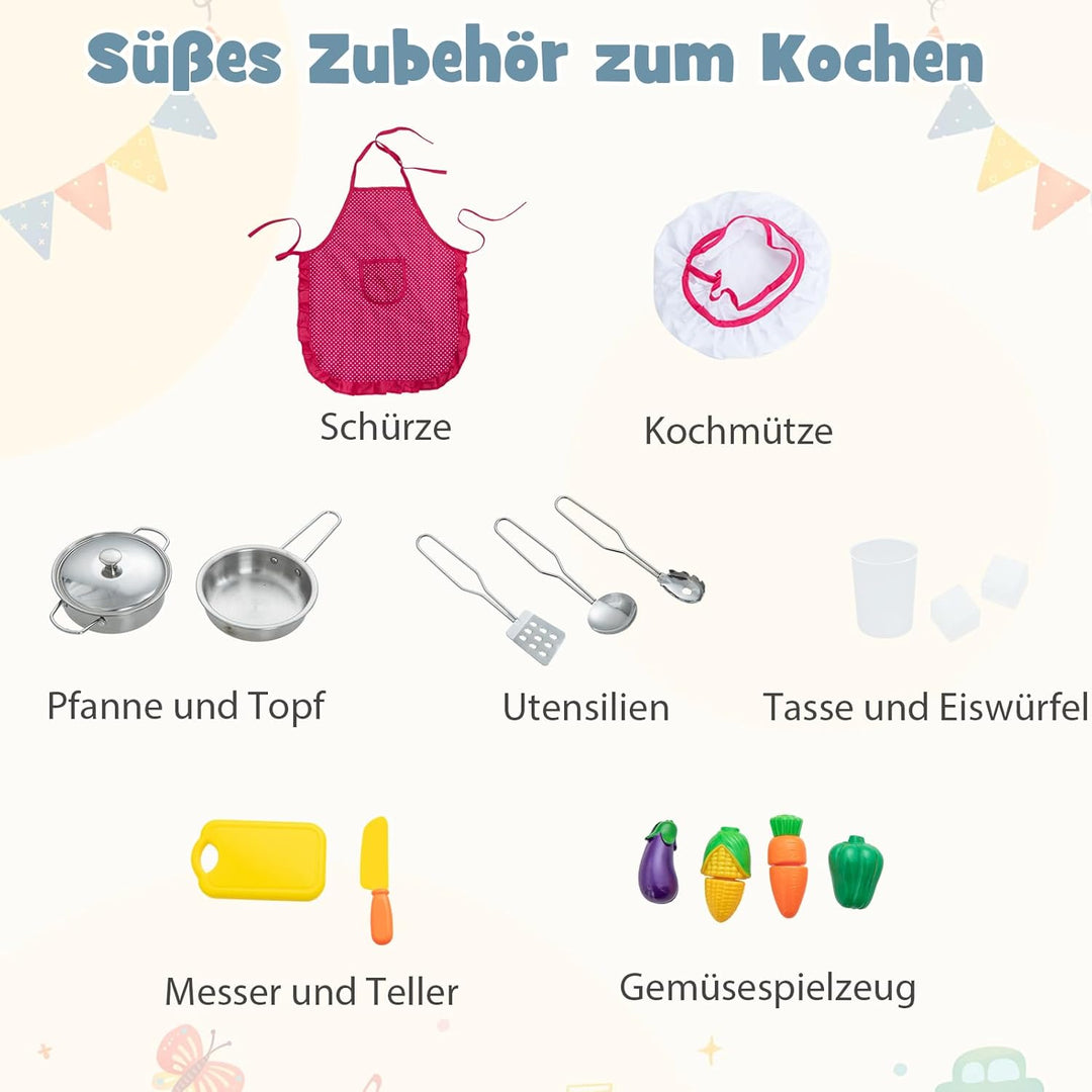 DREAMADE Kinderküche aus Holz mit 16 TLG. Spielzubehör, Kinder Küche Eckküche mit Tafel Herd Spüle B