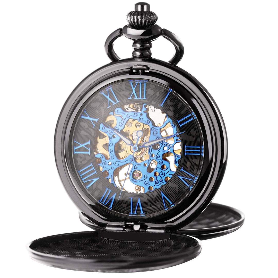 TREEWETO Unisex Taschenuhr mit Kette Mechanische Handaufzug Doppelscharnier Antik Skelett Römische Z