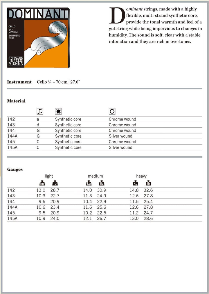 Thomastik Einzelsaite für Cello 4/4 Dominant - D-Saite Nylonkern, Chrom umsponnen, mittel