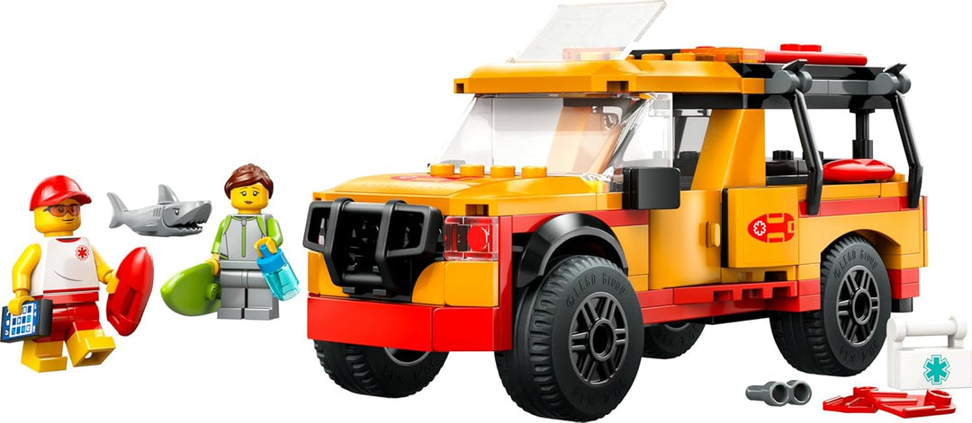 LEGO City Einsatzfahrzeug der Rettungsschwimmer - Geländewagen Spielzeug mit 2 Minifiguren und Hai -