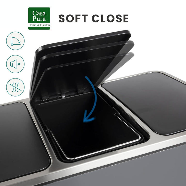 casa pura Mülleimer Küche 2×15L Grau | 2-Fach Mülltrennung, Treteimer Küche, Metall, Soft-Close, luf