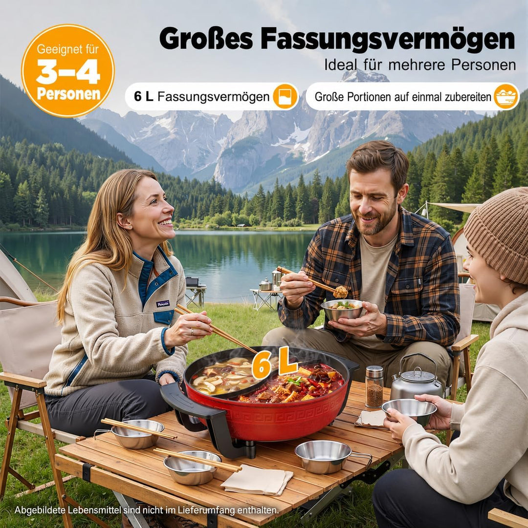 Elektrisch Hot Pot 6L Twin Kochtopf Feuertopf Suppentopf mit Deckel, Elektrischer Hotpot Topf 2 Grid
