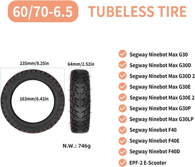 10 Zoll Reifen Tubeless für Ninebot Max G30, 2 PCS 60/70-6,5 Verdickt Selbstreparierender Ersatzräde