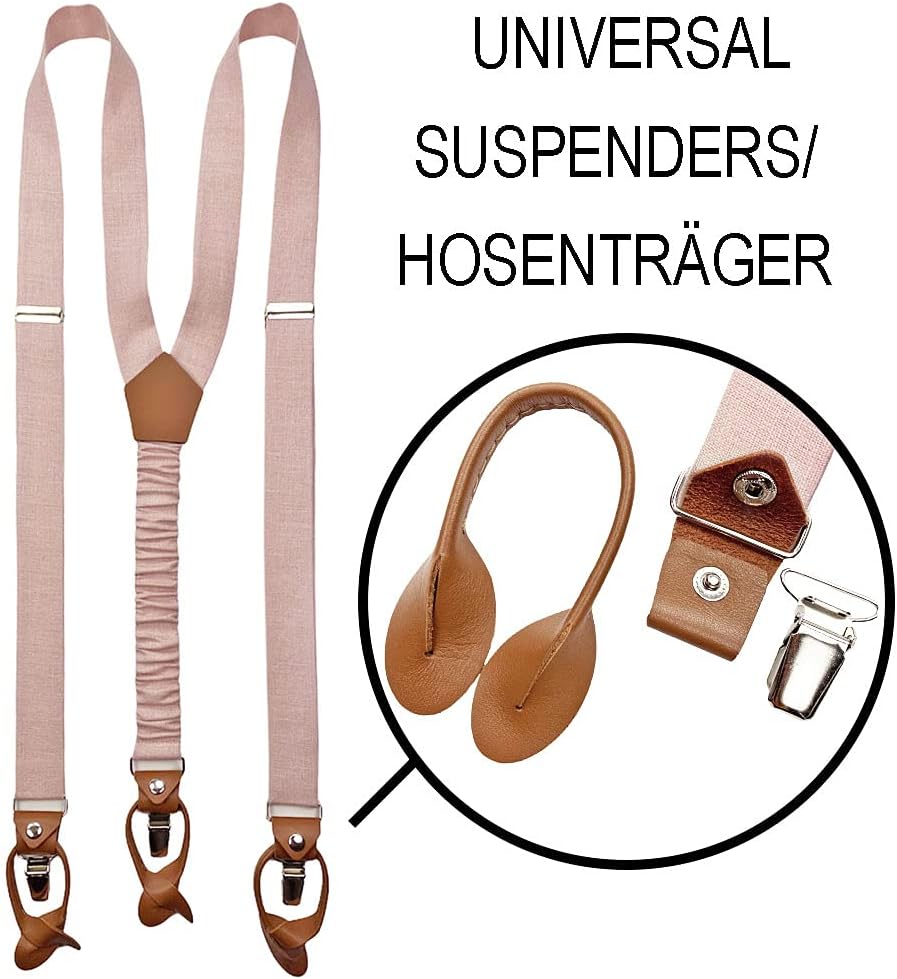 LINILI Leinen Accessoires SET: Fliege und Hosenträger für Herren- mit Leder- Fliege Bereits gebunden