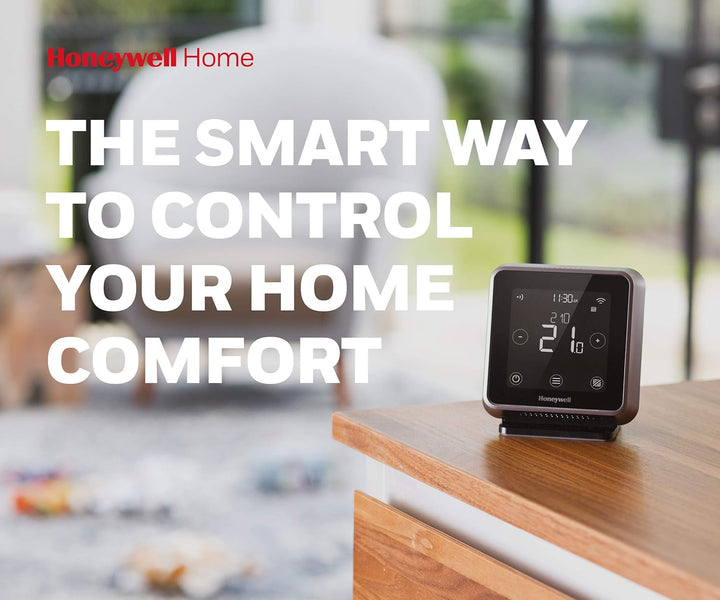 Honeywell Home T6R Wi-Fi Raumthermostat mit Tischhalter, Netzteil und Funk-Empfängerbox, schwarz, Y6