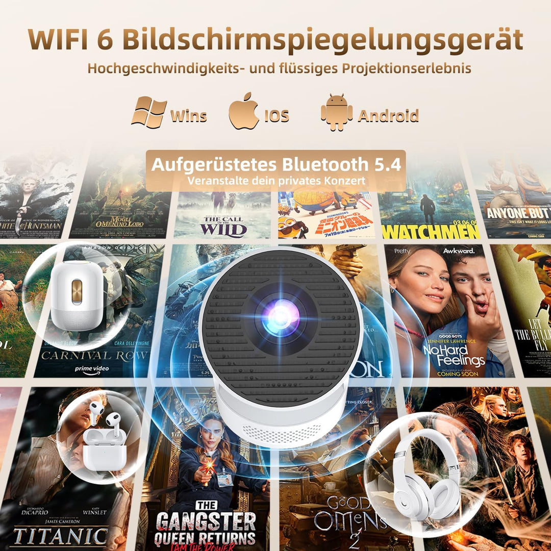 Mini Beamer 4K Unterstützt,Auto Trapezkorrektur mit WiFi 6 BT,Smart Projektor 4K FHD 1080P Unterstüt