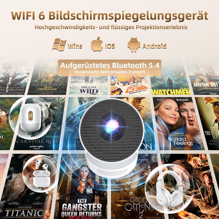 Mini Beamer 4K Unterstützt,Auto Trapezkorrektur mit WiFi 6 BT,Smart Projektor 4K FHD 1080P Unterstüt
