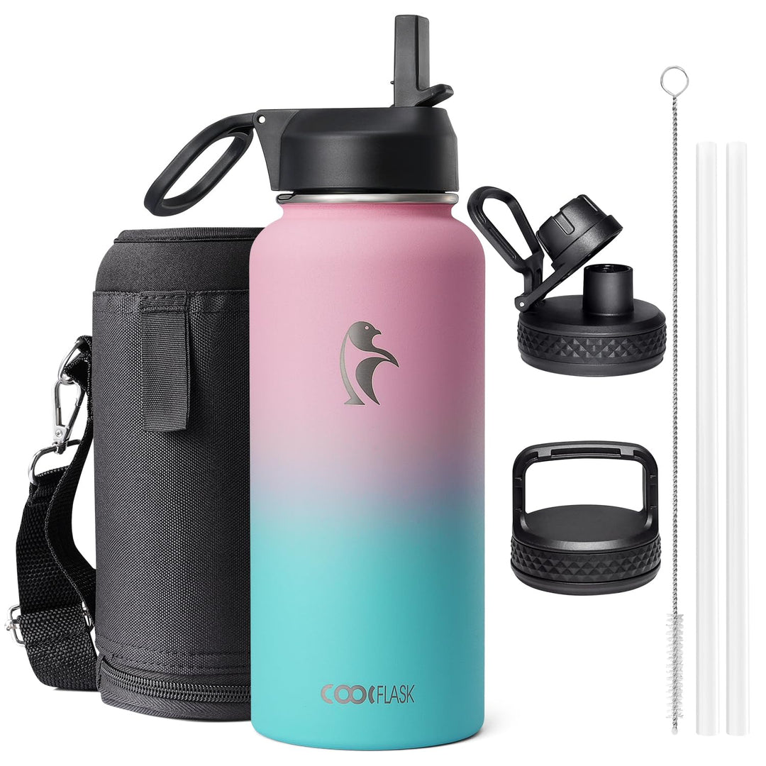 Coolflask Isolierte Wasserflasche 1L, Edelstahl Isolierte Wasserflasche mit Strohhalm & 3 Deckeln, D