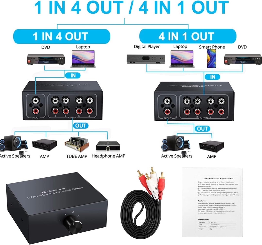 XMSJSIY 4-Wege Bidirektional L/R RCA Stereo Audio Switcher, 1 in 4 Out oder 4 in 1 Out, L/R Sound Ch