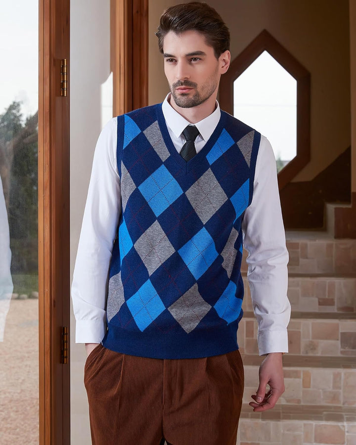 Kallspin Herren Argyle Gestrickt Ärmellos Pullover Wollmischung V-Ausschnitt Strickwesten XXL Tall M