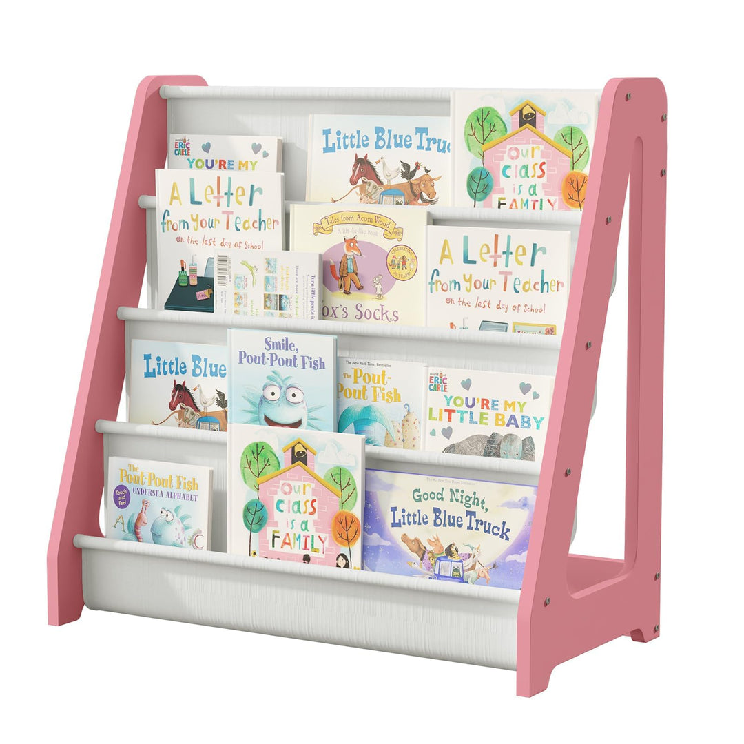 NACHES Kinder Bücherregal, Kinderregal mit 4 offenen Stofffächern, 60x30x60cm, aus Holz, Vliesstoff,