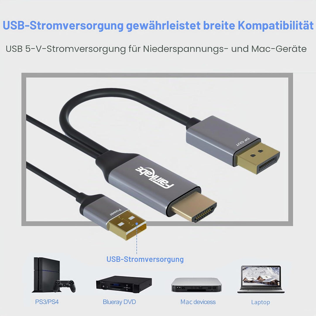 fairikabe Aktives HDMI-zu-Displayport-Kabel 4K@60Hz [6,6 FT/2 M, unidirektional], HDMI-Eingang zu DP